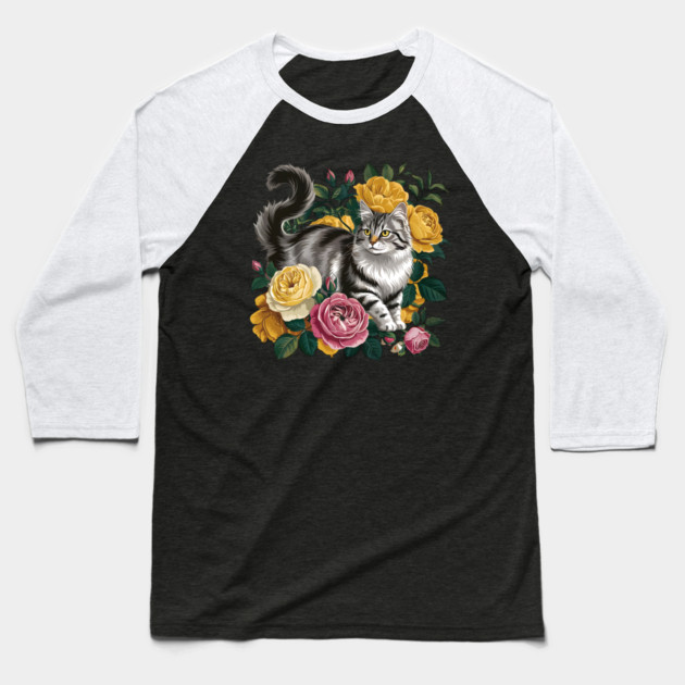 Vintage Botanical Grey and Black Cat with Roses Baseball T-Shirt by BirdsnStuff