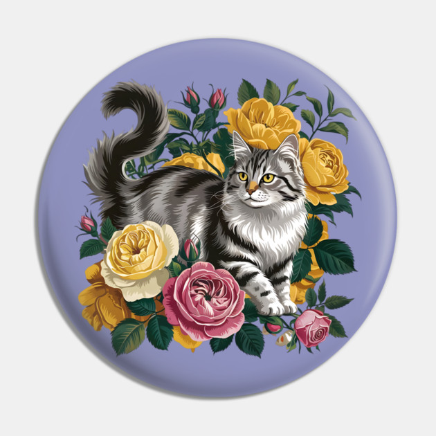 Vintage Botanical Grey and Black Cat with Roses Pin by BirdsnStuff