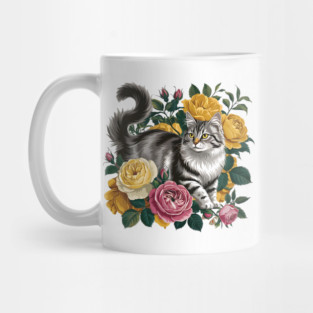 Vintage Botanical Grey and Black Cat with Roses Mug