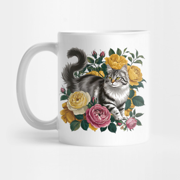 Vintage Botanical Grey and Black Cat with Roses by BirdsnStuff
