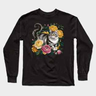 Vintage Botanical Grey and Black Cat with Roses Long Sleeve T-Shirt