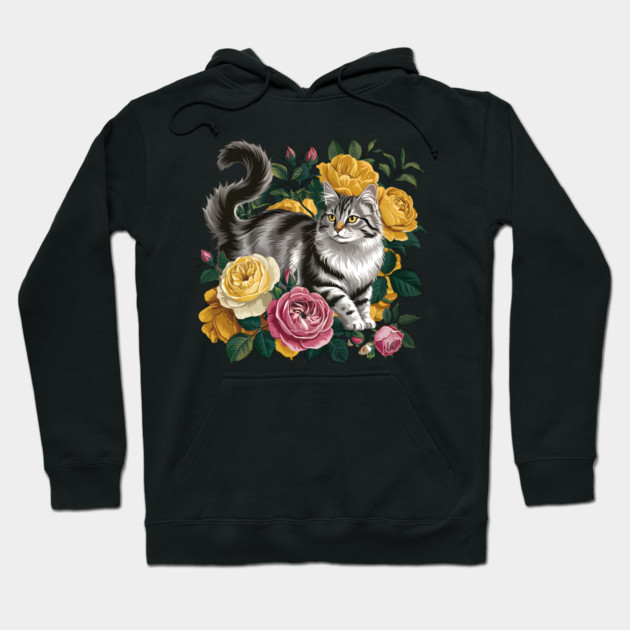 Vintage Botanical Grey and Black Cat with Roses Hoodie by BirdsnStuff