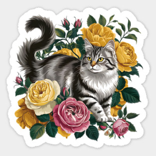 Vintage Botanical Grey and Black Cat with Roses Sticker