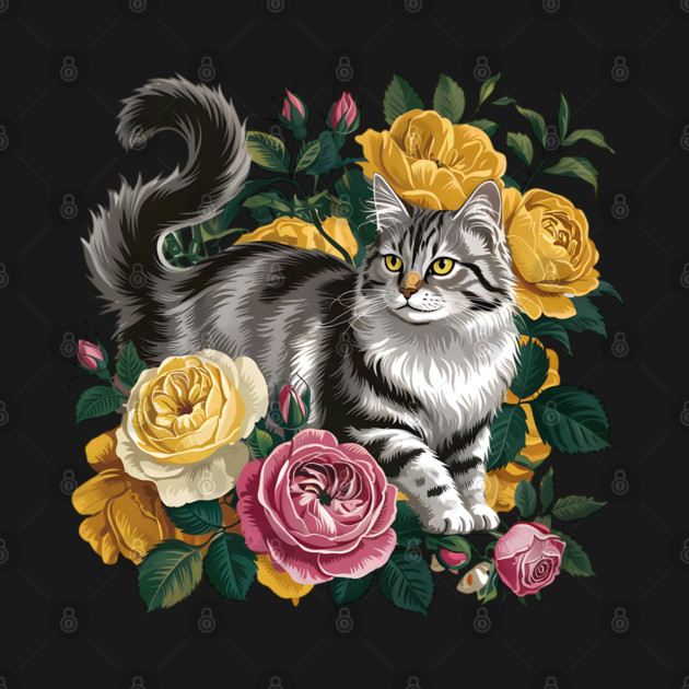 Vintage Botanical Grey and Black Cat with Roses by BirdsnStuff