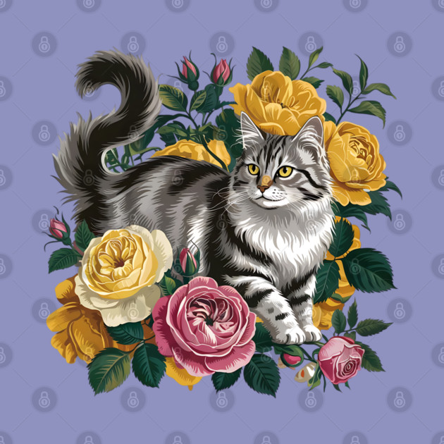 Vintage Botanical Grey and Black Cat with Roses by BirdsnStuff