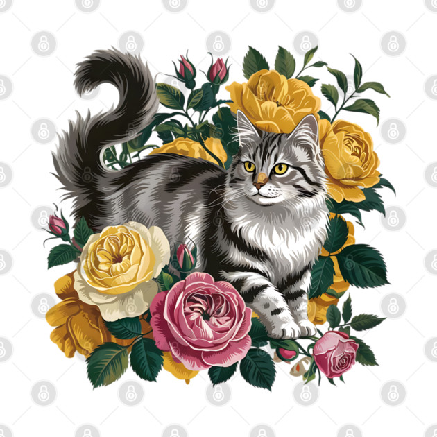 Vintage Botanical Grey and Black Cat with Roses by BirdsnStuff