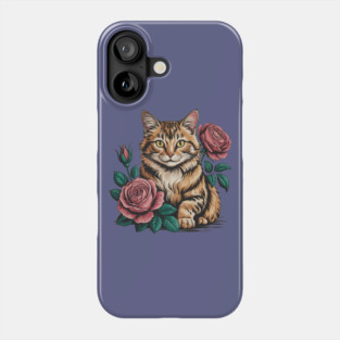 Tiger Striped Cat with Pink Roses Phone Case
