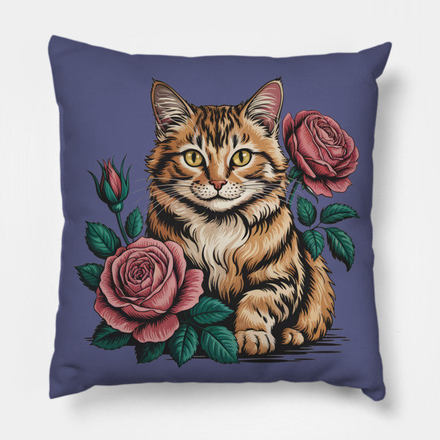 Tiger Striped Cat with Pink Roses Pillow by BirdsnStuff