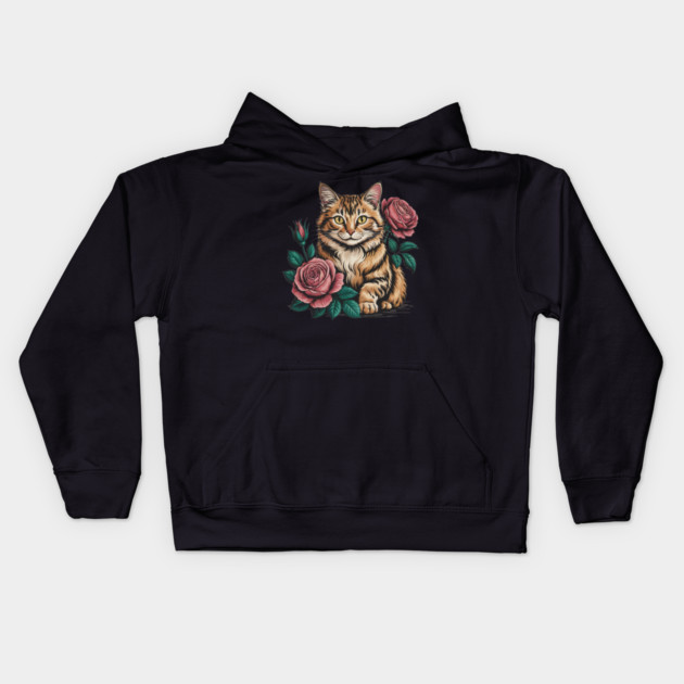 Tiger Striped Cat with Pink Roses Kids Hoodie by BirdsnStuff