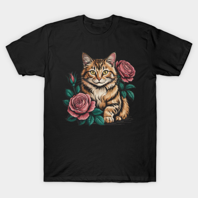 Tiger Striped Cat with Pink Roses T-Shirt by BirdsnStuff