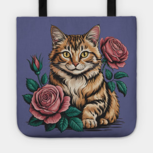 Tiger Striped Cat with Pink Roses Tote