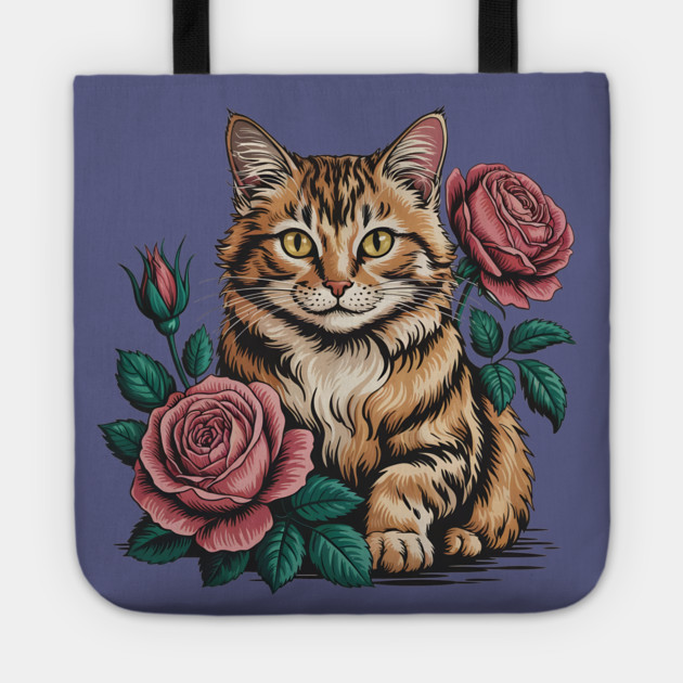 Tiger Striped Cat with Pink Roses Tote by BirdsnStuff