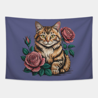 Tiger Striped Cat with Pink Roses Tapestry
