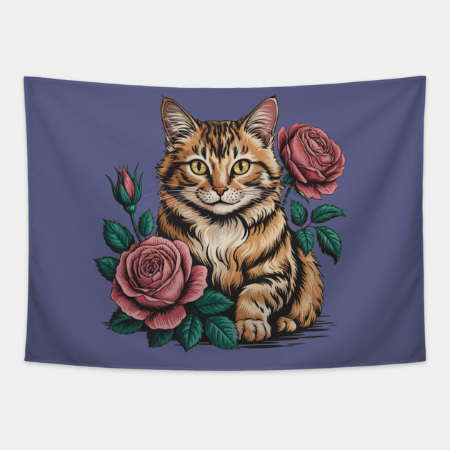Tiger Striped Cat with Pink Roses Tapestry by BirdsnStuff
