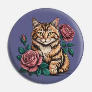 Tiger Striped Cat with Pink Roses Pin