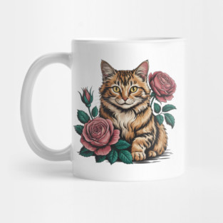 Tiger Striped Cat with Pink Roses Mug