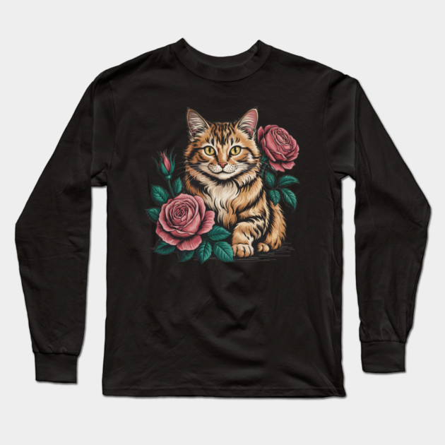 Tiger Striped Cat with Pink Roses Long Sleeve T-Shirt by BirdsnStuff