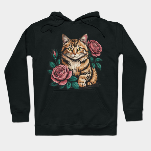 Tiger Striped Cat with Pink Roses Hoodie by BirdsnStuff