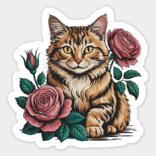 Tiger Striped Cat with Pink Roses Sticker