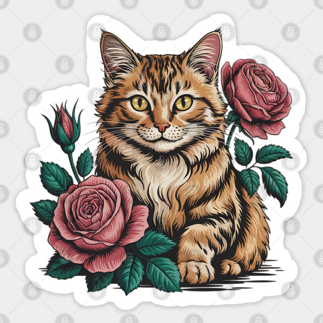 Tiger Striped Cat with Pink Roses Sticker by BirdsnStuff