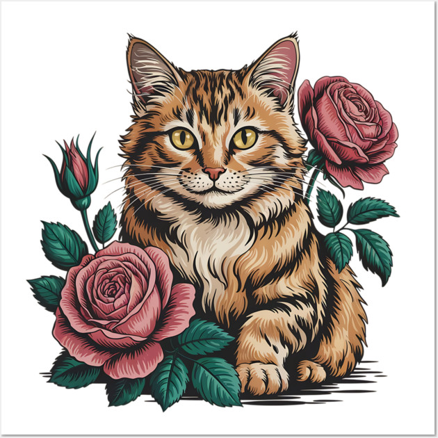 Tiger Striped Cat with Pink Roses Wall Art by BirdsnStuff