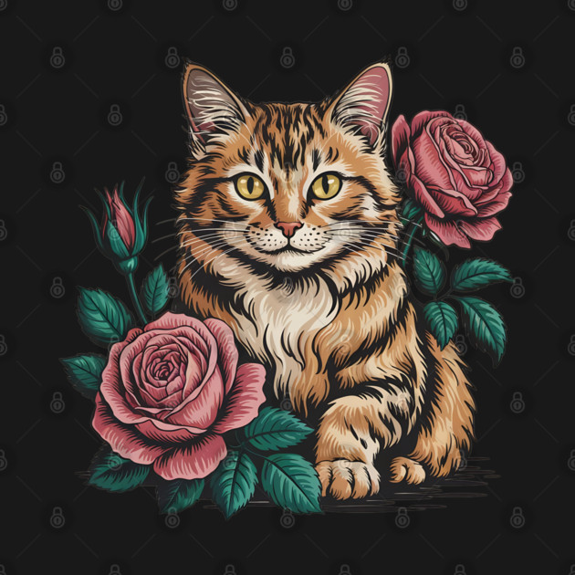 Tiger Striped Cat with Pink Roses by BirdsnStuff