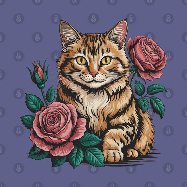 Tiger Striped Cat with Pink Roses by BirdsnStuff