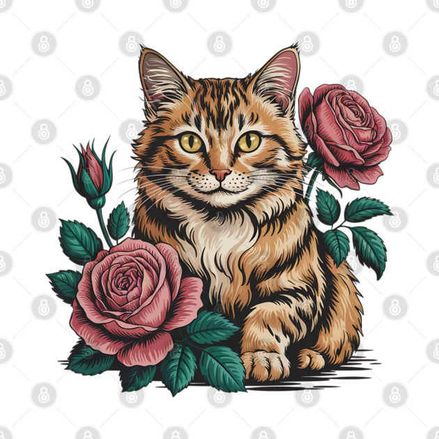 Tiger Striped Cat with Pink Roses by BirdsnStuff