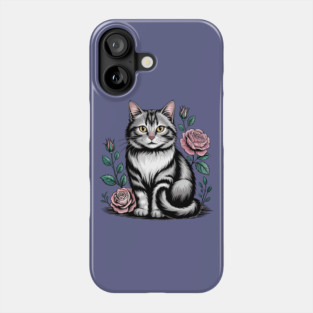Black and White Cat with Soft Pink Roses Phone Case