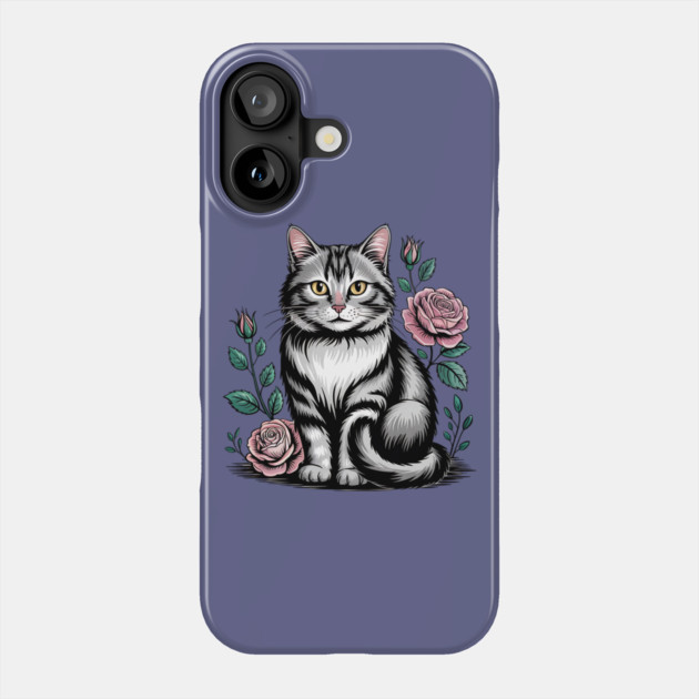 Black and White Cat with Soft Pink Roses Phone Case by BirdsnStuff