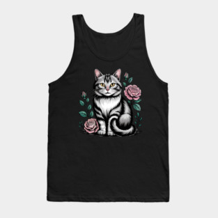 Black and White Cat with Soft Pink Roses Tank Top