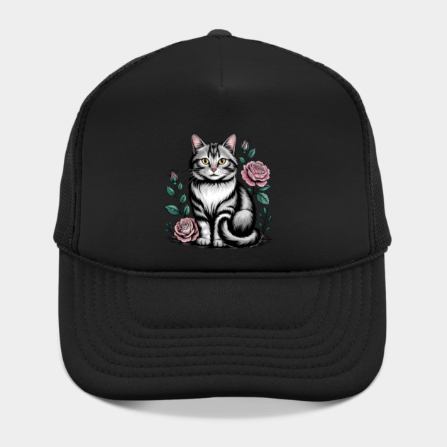Black and White Cat with Soft Pink Roses by BirdsnStuff