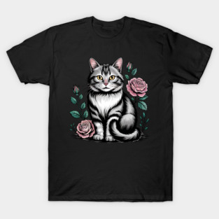 Black and White Cat with Soft Pink Roses T-Shirt