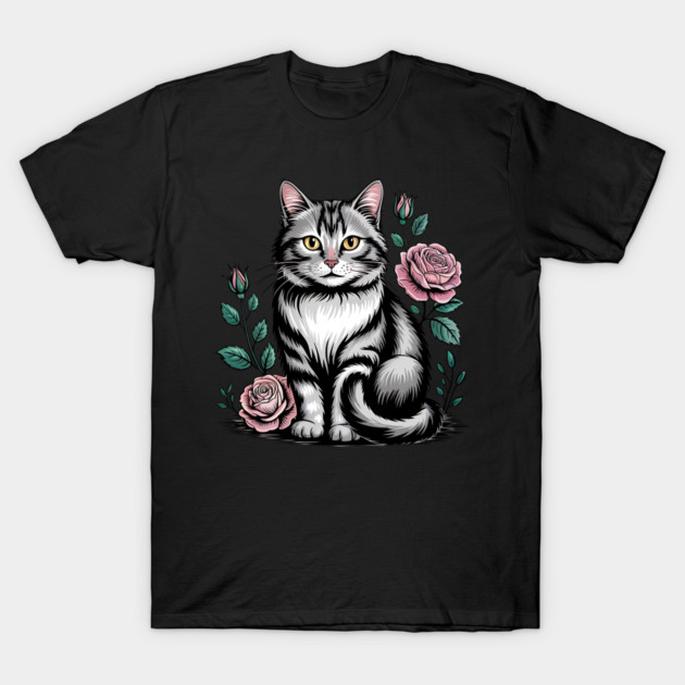 Black and White Cat with Soft Pink Roses T-Shirt by BirdsnStuff
