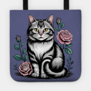 Black and White Cat with Soft Pink Roses Tote