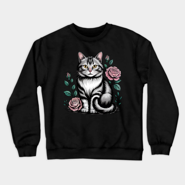 Black and White Cat with Soft Pink Roses Crewneck Sweatshirt by BirdsnStuff