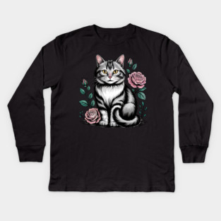 Black and White Cat with Soft Pink Roses Kids Long Sleeve T-Shirt
