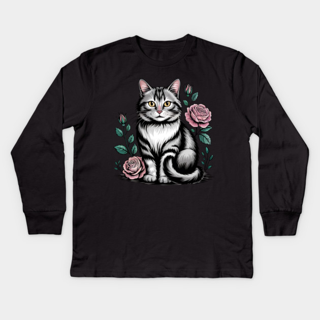 Black and White Cat with Soft Pink Roses Kids Long Sleeve T-Shirt by BirdsnStuff