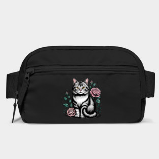 Black and White Cat with Soft Pink Roses Bag