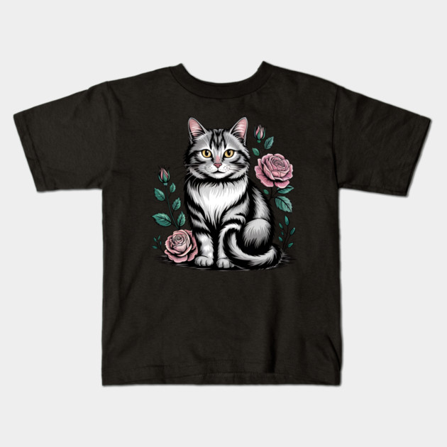 Black and White Cat with Soft Pink Roses Kids T-Shirt by BirdsnStuff