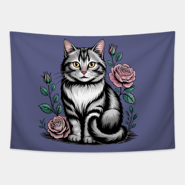 Black and White Cat with Soft Pink Roses Tapestry by BirdsnStuff