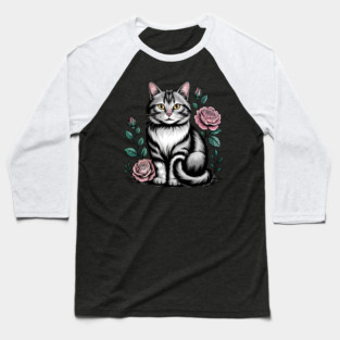 Black and White Cat with Soft Pink Roses Baseball T-Shirt