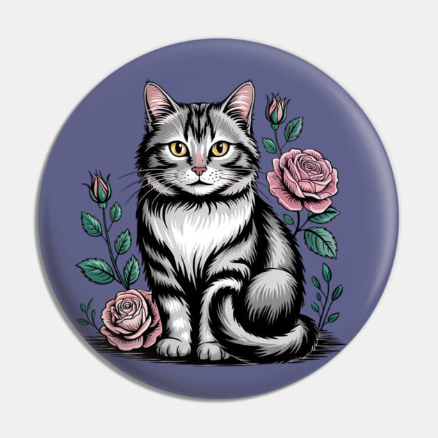 Black and White Cat with Soft Pink Roses Pin by BirdsnStuff