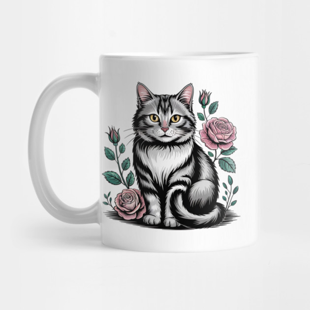 Black and White Cat with Soft Pink Roses by BirdsnStuff