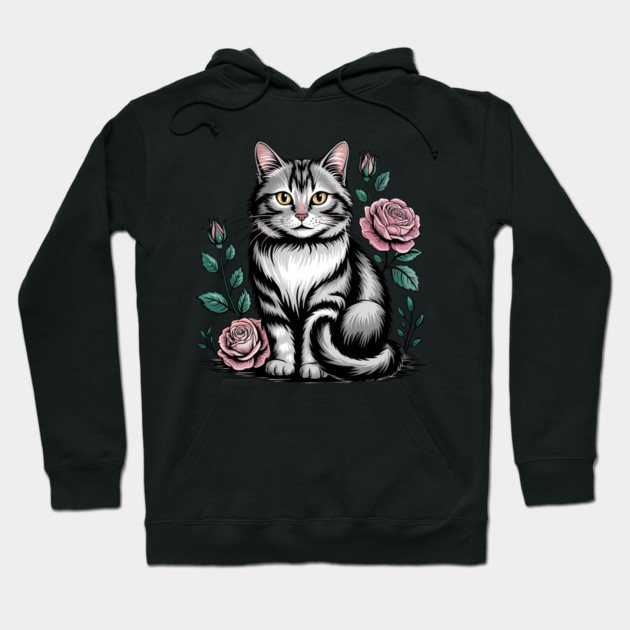 Black and White Cat with Soft Pink Roses Hoodie by BirdsnStuff