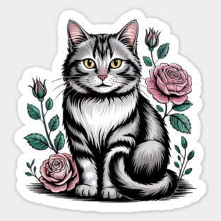 Black and White Cat with Soft Pink Roses Magnet