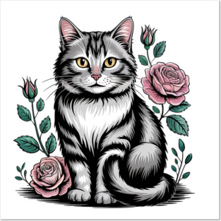 Black and White Cat with Soft Pink Roses Posters and Art