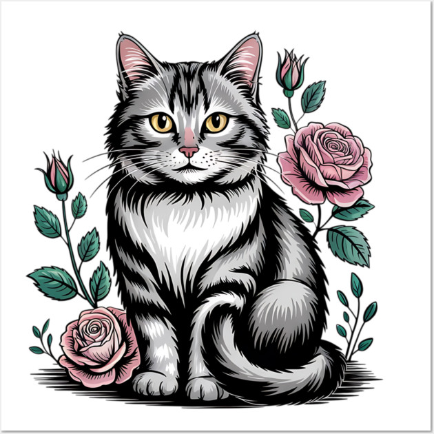 Black and White Cat with Soft Pink Roses Wall Art by BirdsnStuff