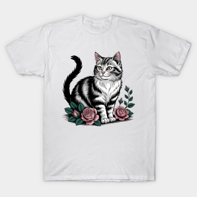 Black and White Cat with Soft Pink Roses T-Shirt by BirdsnStuff