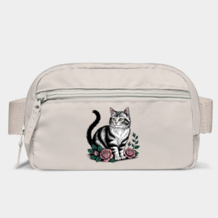 Black and White Cat with Soft Pink Roses Bag